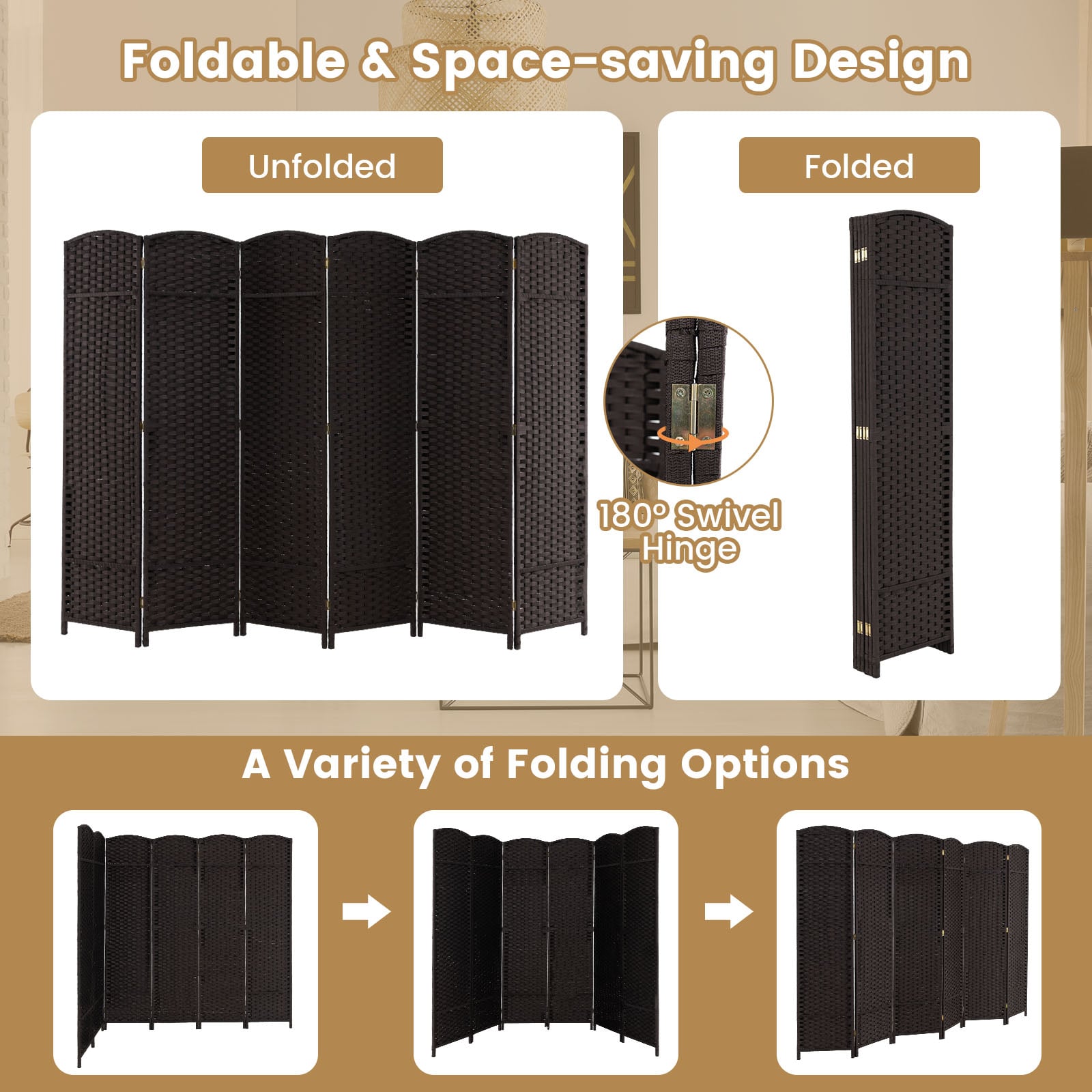 6-Panel Room Divider Folding Privacy Screen with Hand-woven Texture-Brown