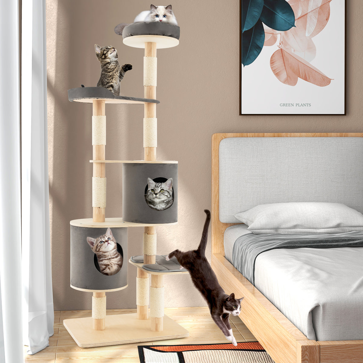 6-Tier Cat Tree Rubber Wood Cat Tower with Sisal Scratching Post-Grey