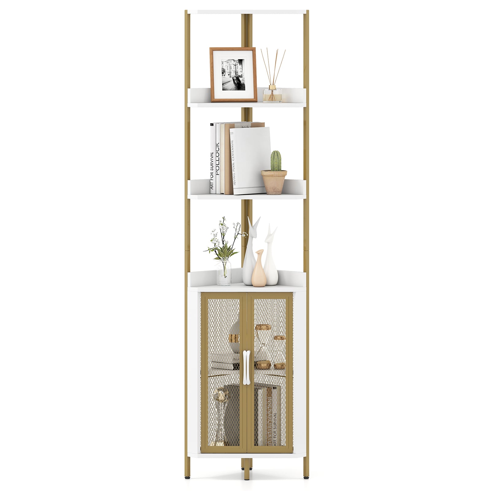 6-Tier Corner Shelf 170CM Tall Corner Bookshelf with Cabinet-White