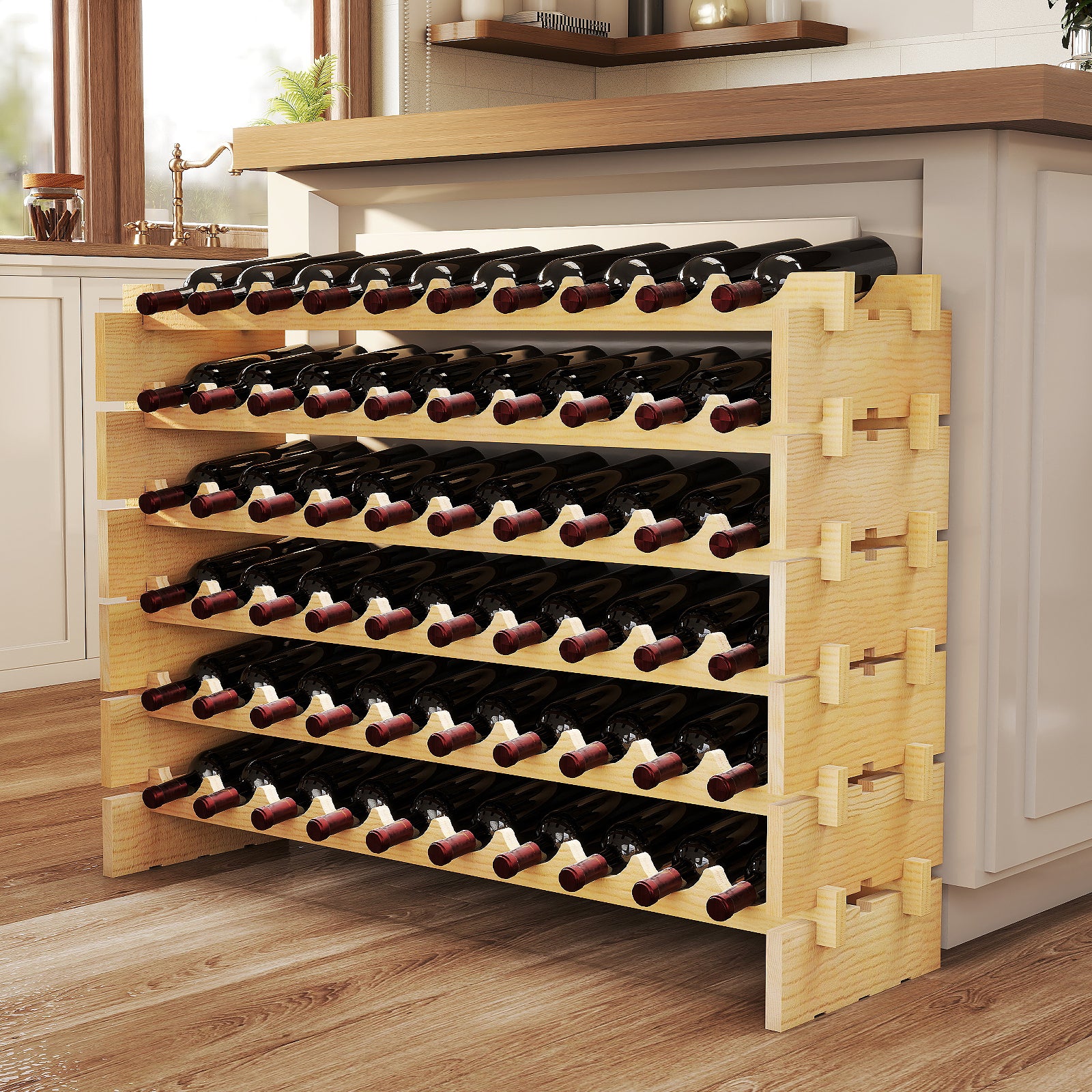 6 Tiers 60 Bottles Wine Rack with Tool-Free Assembly-Natural