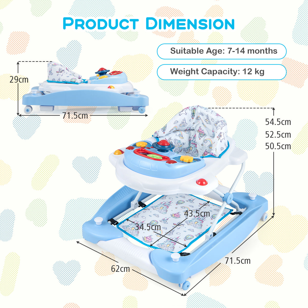 6 in 1 Adjustable Baby Walker Folding Baby Activity Center with Music Lights-Blue