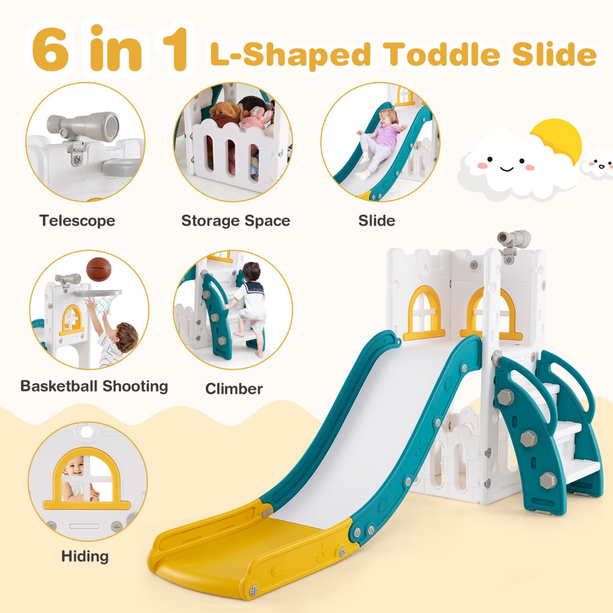 6 in 1 L-shaped Toddle Slide with Basketball Hoop and Telescope-Yellow