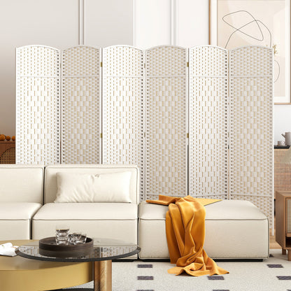 6 Panel Folding Room Divider with Hand-Woven Wicker for Home Office-White