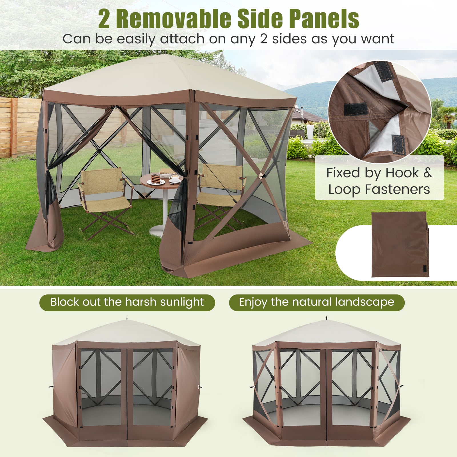 6-sided Pop-up Gazebo Tent Instant Setup Screen House Hub Tent-Coffee