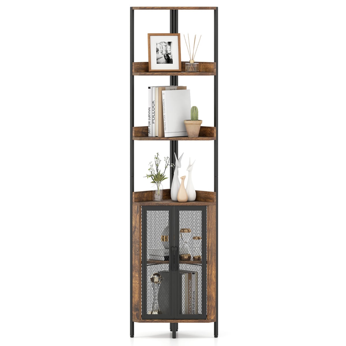 6-Tier Corner Shelf 170CM Tall Corner Bookshelf with Cabinet-Rustic Brown