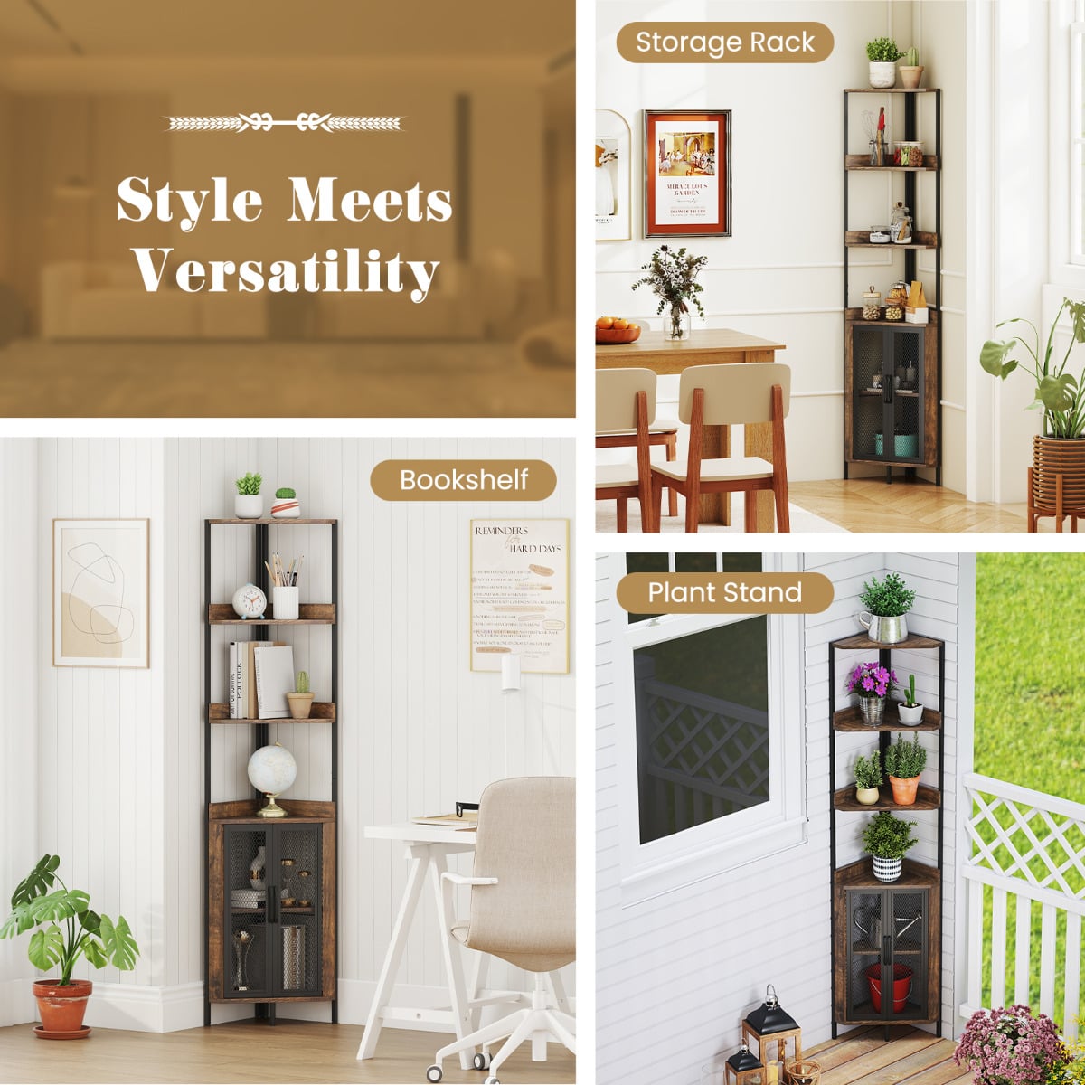 6-Tier Corner Shelf 170CM Tall Corner Bookshelf with Cabinet-Rustic Brown