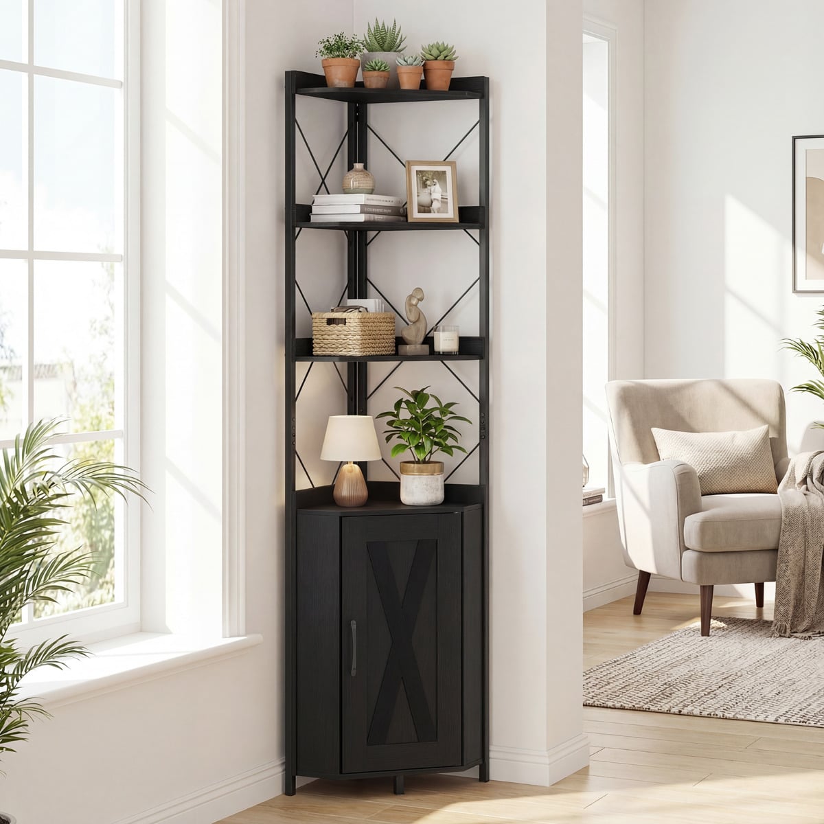 6-Tier Corner Storage Shelf with Door and Raised Edge Protection-Black