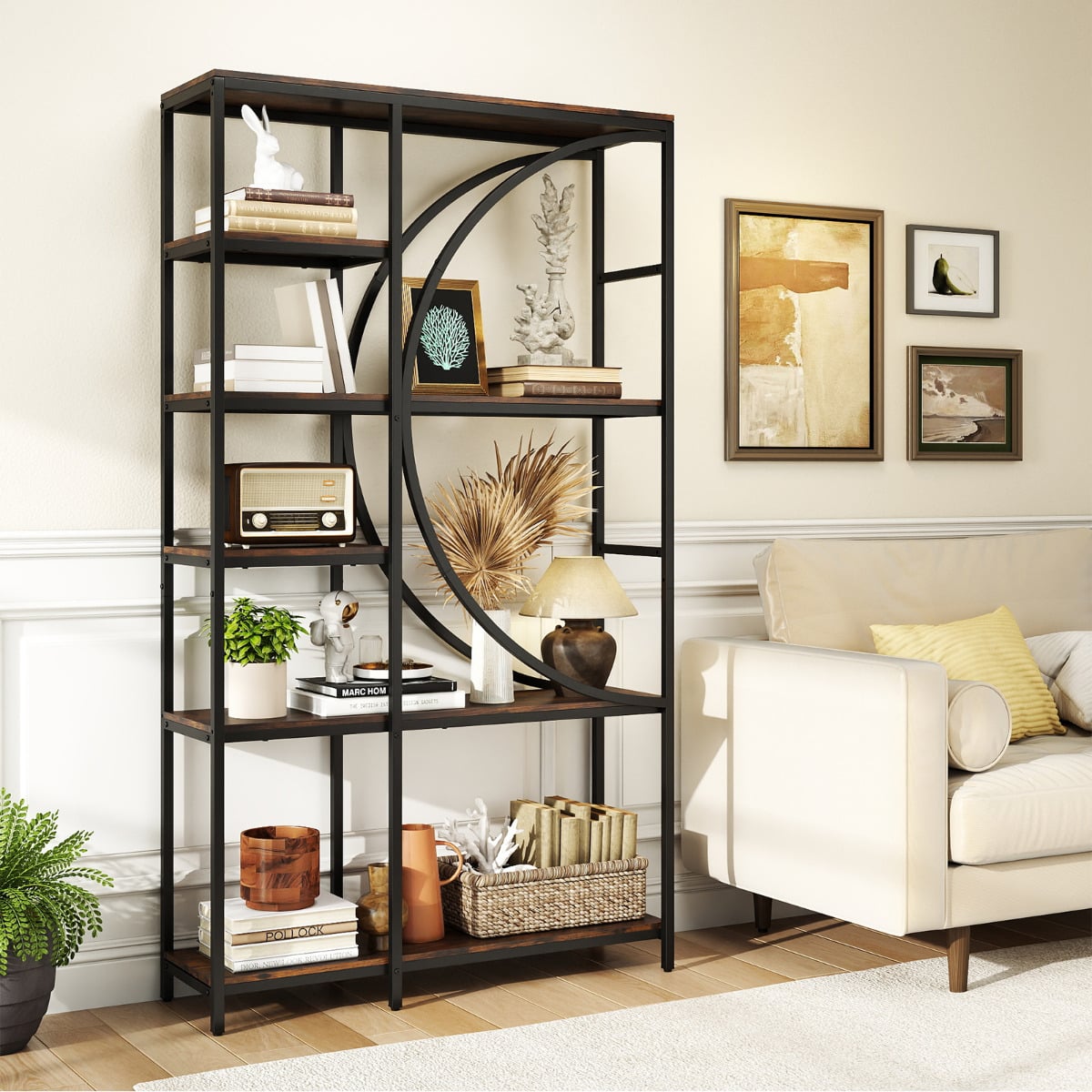 6-Tier Industrial Etagere Bookshelf with Open Storage Shelves and Arc-Shaped Design-Coffee