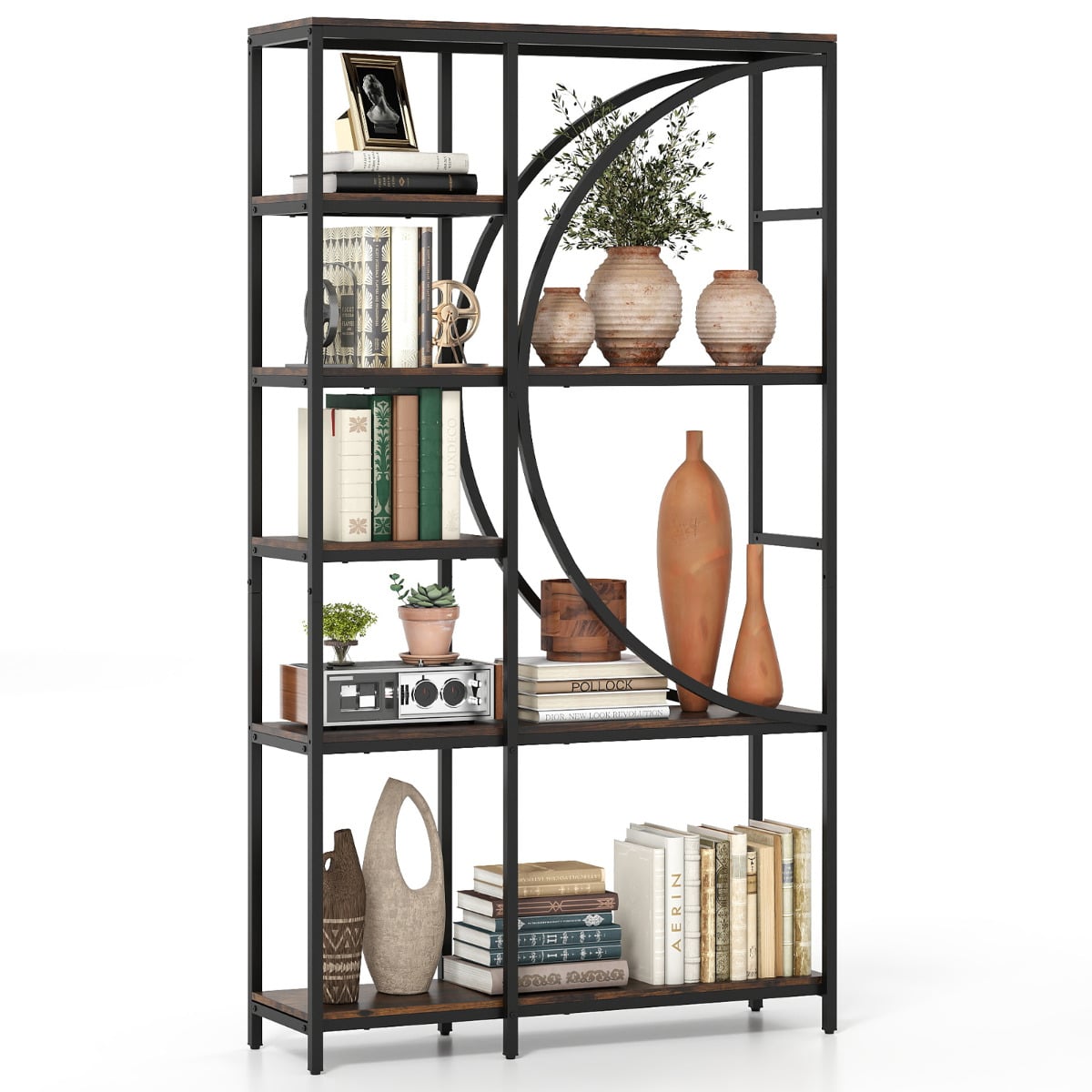 6-Tier Industrial Etagere Bookshelf with Open Storage Shelves and Arc-Shaped Design-Coffee