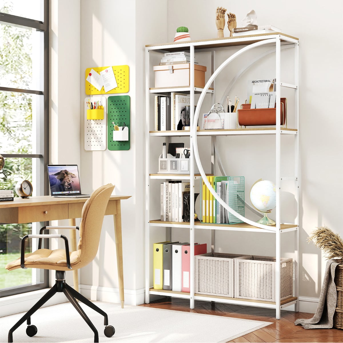 6-Tier Industrial Etagere Bookshelf with Open Storage Shelves and Arc-Shaped Design-Natural