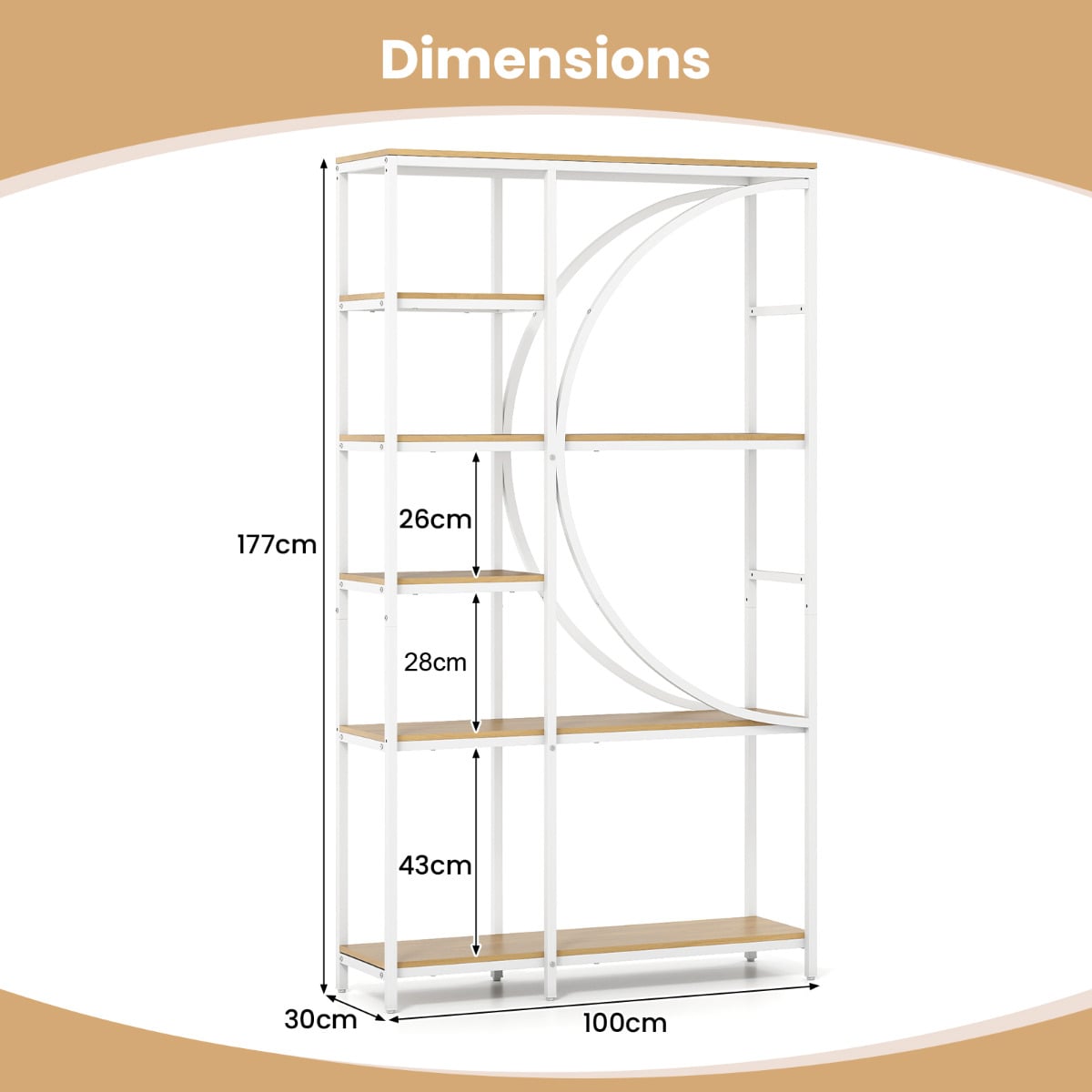 6-Tier Industrial Etagere Bookshelf with Open Storage Shelves and Arc-Shaped Design-Natural