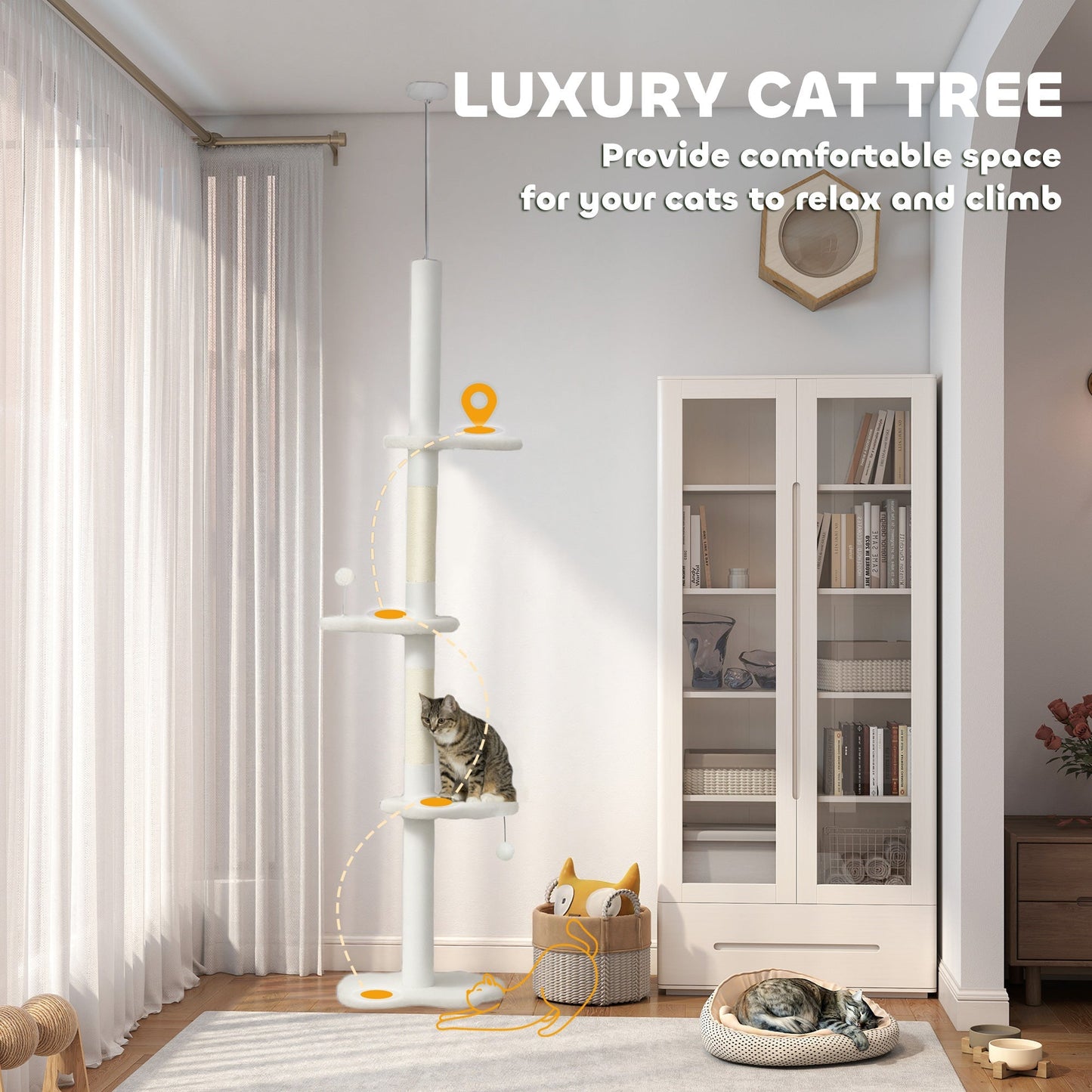 PawHut 225-255 cm Adjustable Cat Climbing Tower with Sisal Scratching Posts, 2 Hanging Play Balls and Anti-Tip Strap, Beige