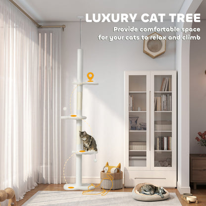 PawHut 225-255 cm Adjustable Cat Climbing Tower with Sisal Scratching Posts, 2 Hanging Play Balls and Anti-Tip Strap, Beige