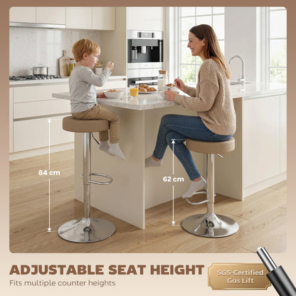 HOMCOM Bar Stools Set of 2, Modern PU Leather Swivel Barstools, Height Adjustable Breakfast Bar Chairs with Footrest, Brown