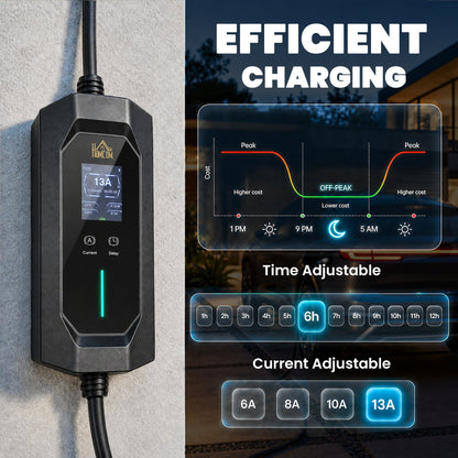 HOMCOM EV Charger Type 2 to 3 Pin Plug, 10 m, 2.8 kW, 6-13 A, Electric Car Charger Type 2 Charging Cable w/ 1-12 h Time Delay
