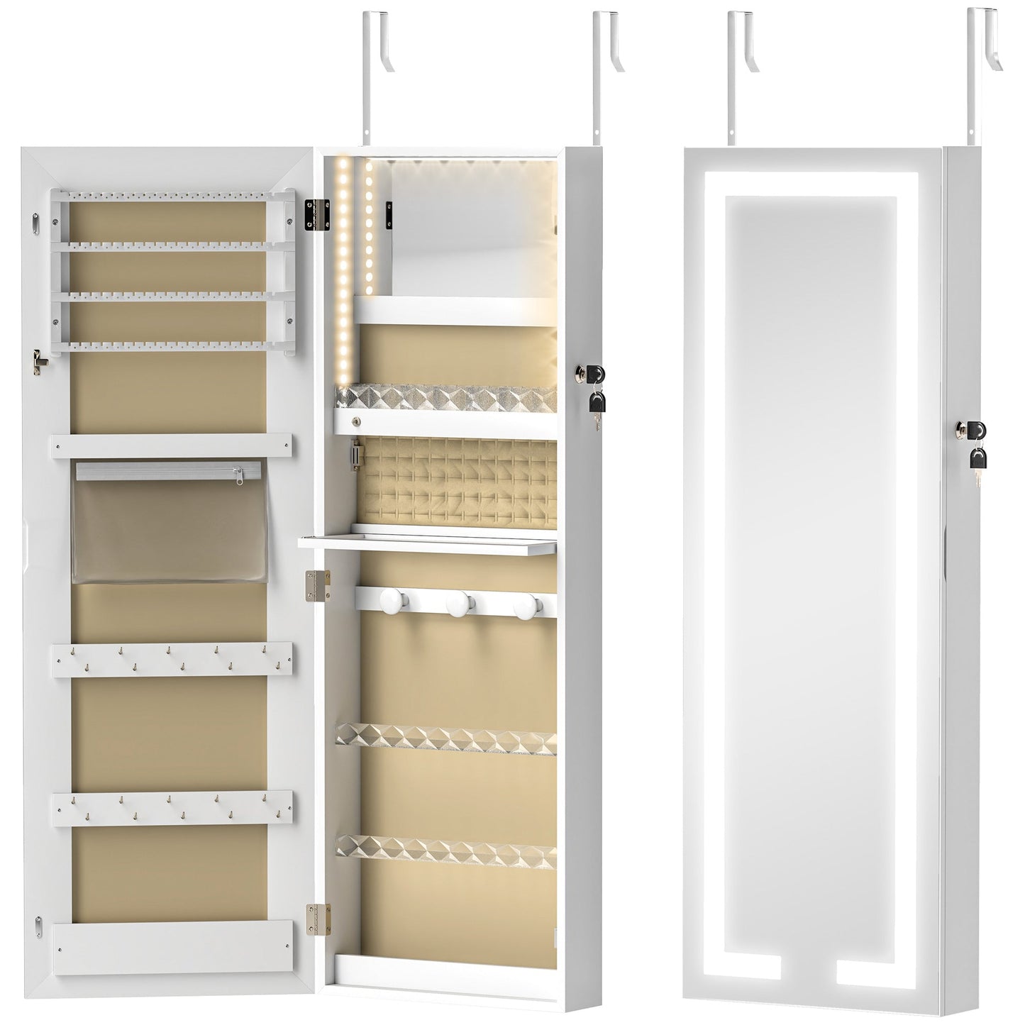 HOMCOM LED Mirror Jewellery Cabinet, Wall Mounted Full Length Mirror with Storage, Lockable Jewellery Organiser, White
