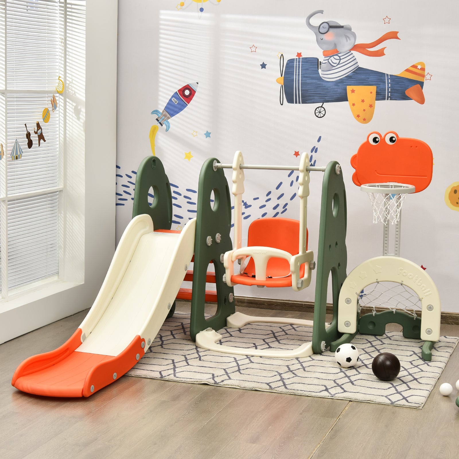 6 in 1 Toddler Slide and Swing Set with Adjustable Basketball Hoop for Indoor-Orange