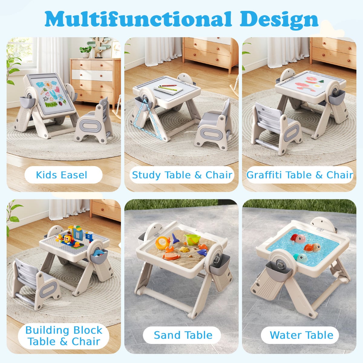 6-in-1 Multi-activity Children Table & Chair Folding Art Easel Set-Grey