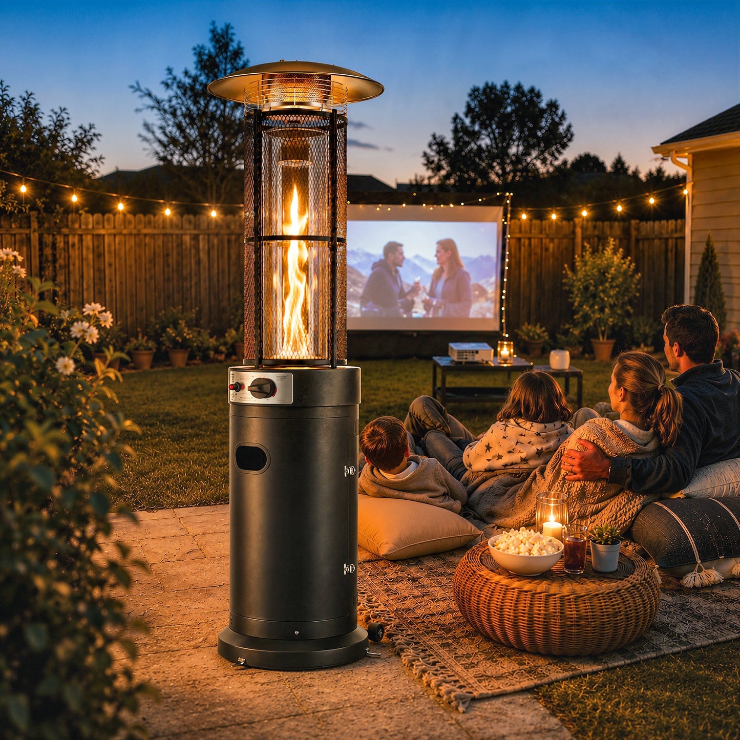 Outsunny 11 KW Freestanding Gas Patio Heater, Adjustable Outdoor Garden Propane Heater with Tip-Over Switch, Wheels, Pulse Ignition, Tank Room with Openable Door, Black