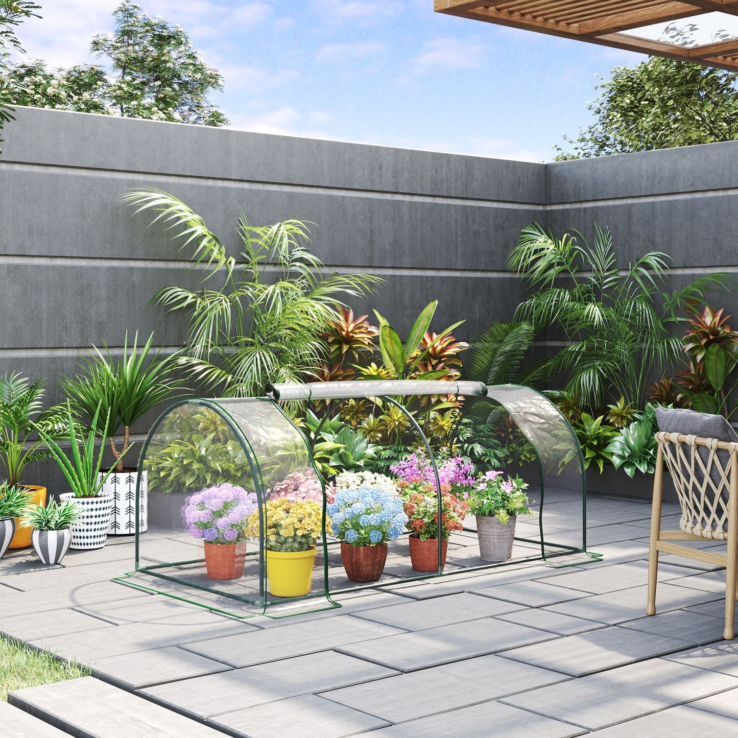 Outsunny دفيئة نفقية خضراء للحديقة الخارجية، هيكل فولاذي، غطاء PVC، شفاف، 200 × 100 × 80 سم