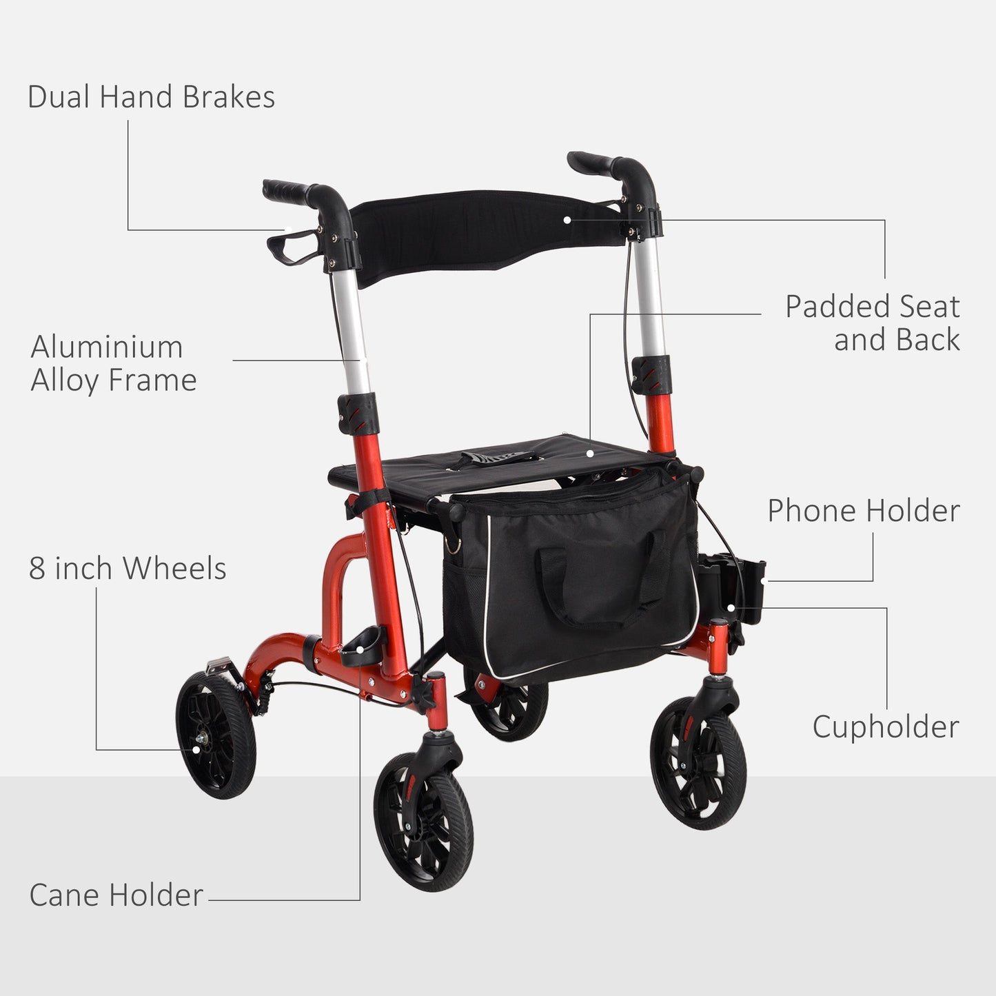HOMCOM Lightweight Walking Frame, Folding Rollator Walker with Seat and Backrest, Red
