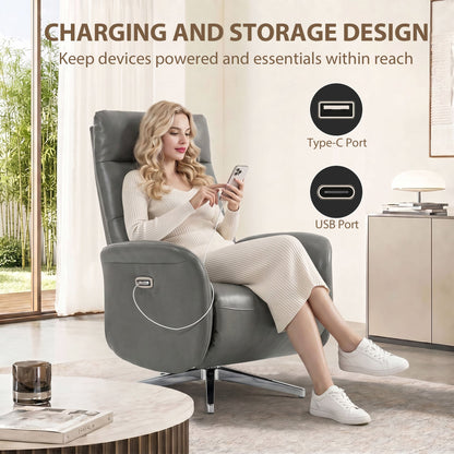 HOMCOM Power Recliner Chair, Swivel Electric Reclining Chair with Type C+USB, Recliner Armchair with Footrest, Dark Grey