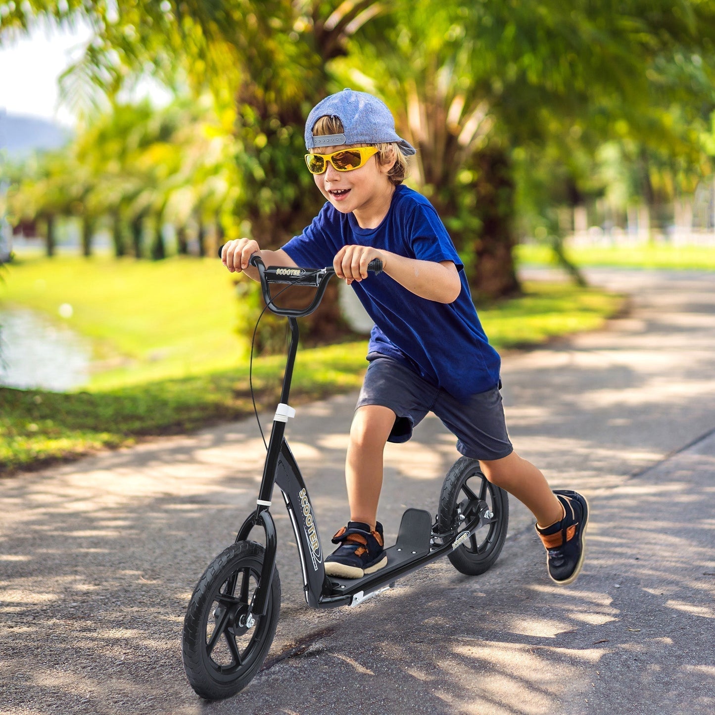 HOMCOM Kids Scooter Kick Scooter, with 12" EVA Tyres, Rear Brake, Big Wheels Scooter for 5-12 Years, Black