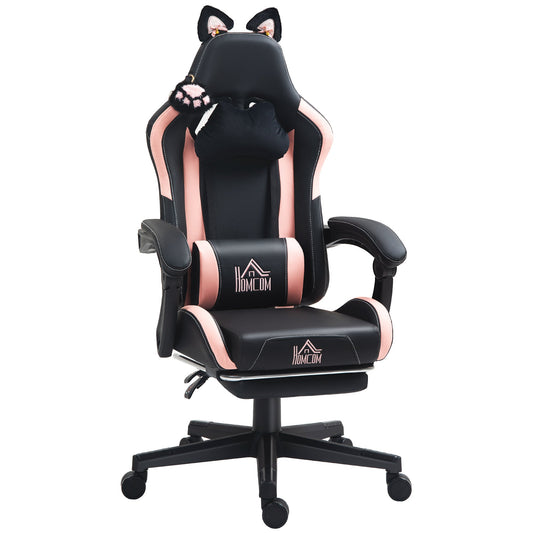 HOMCOM Cat Ear and Paw Reclining Office Chair, with Footrest - Black/Pink