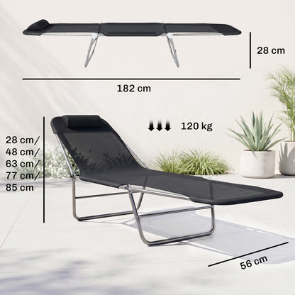 Outsunny Folding Sun Lounger, Texteline Reclining Sun Bed with 5 Position Adjustable Backrest, Headrest, Black