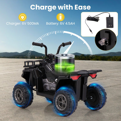 The black kids electric quad with a charging cable and battery power icon overlay