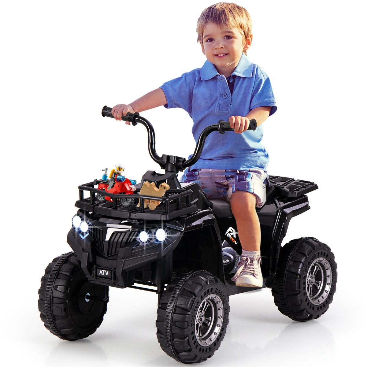 The black kids electric quad with a child sitting on the seat and toys on the front rack