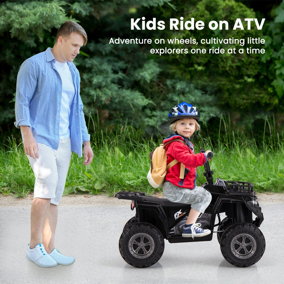 The black kids electric quad parked on a paved path with a green garden background