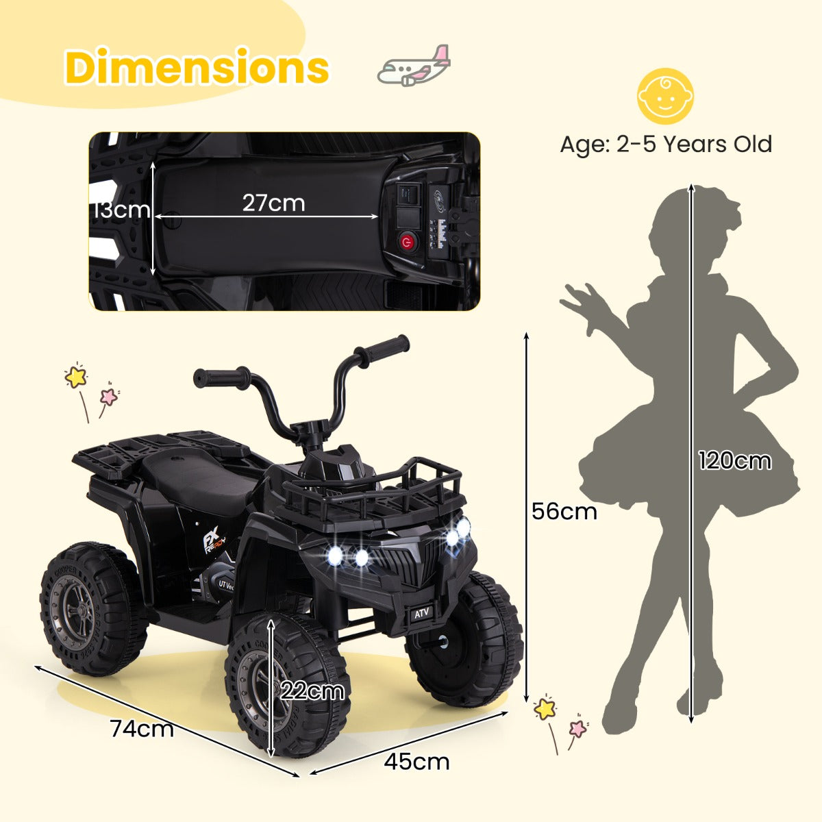 The black kids electric quad shown with technical diagrams and height reference