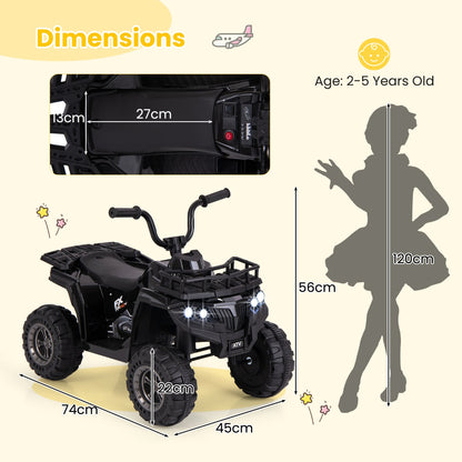 The black kids electric quad shown with technical diagrams and height reference