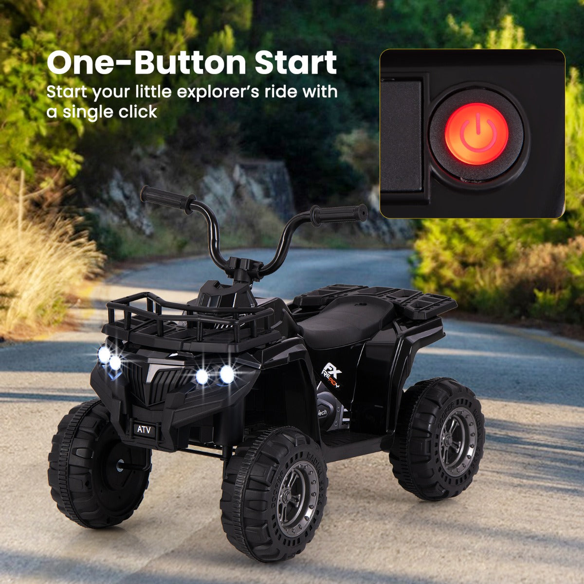 The kids electric car shown on a road with a close-up of the red one-button start switch