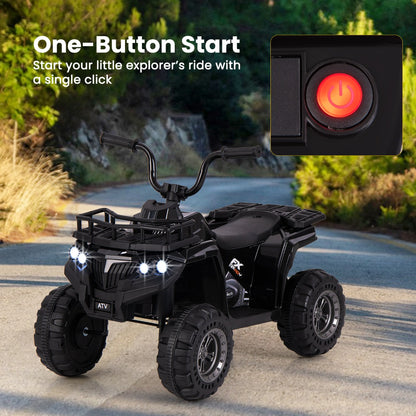 The kids electric car shown on a road with a close-up of the red one-button start switch