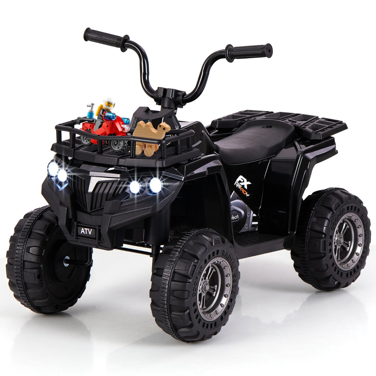 The black kids electric quad featuring a front storage rack and bright LED headlights