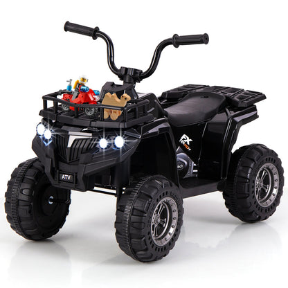 The black kids electric quad featuring a front storage rack and bright LED headlights