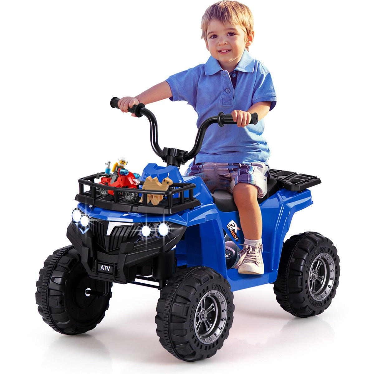 The navy kids electric quad with a young boy sitting on the seat and toys on the front rack