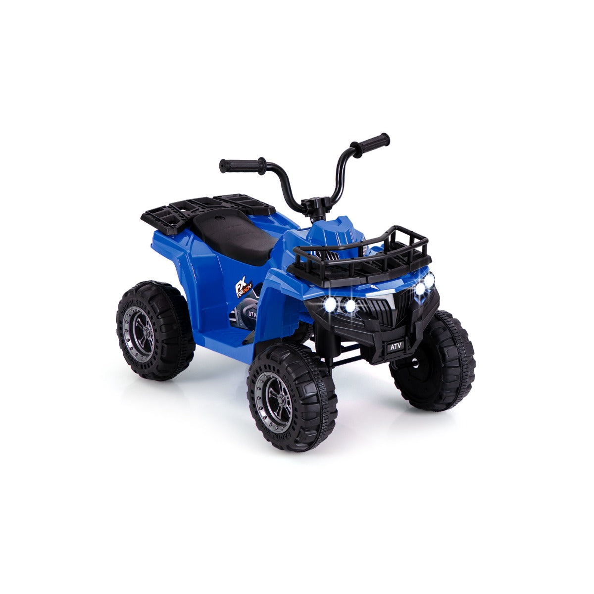 6V 4-Wheeler Quad Car in navy blue with black handlebars and tread tyres on a white background