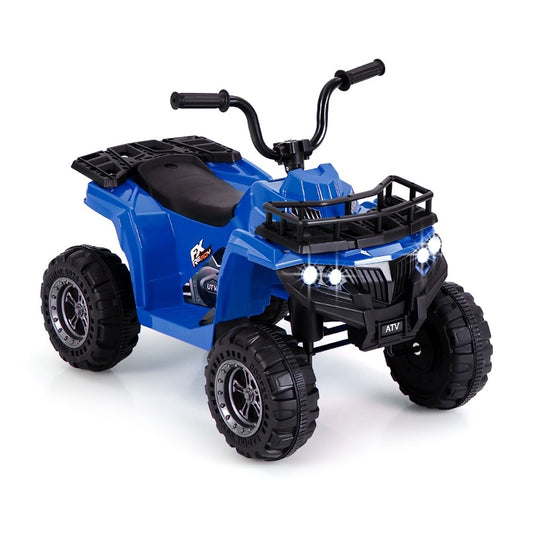 6V 4-Wheeler Quad Car in navy blue with black handlebars and tread tyres on a white background