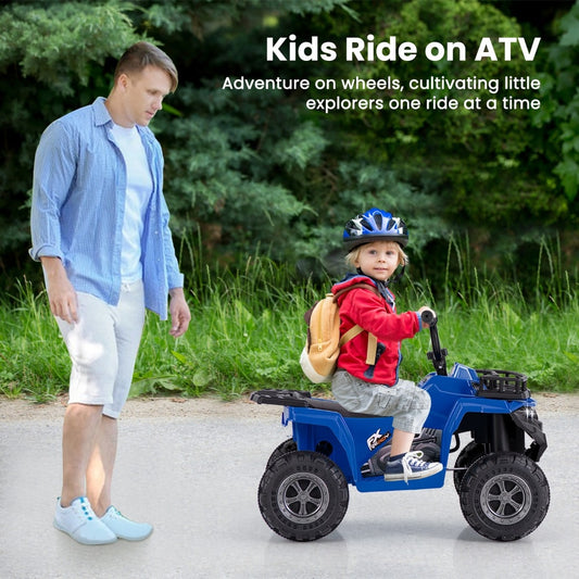 The navy kids electric quad being ridden on a path next to a standing adult