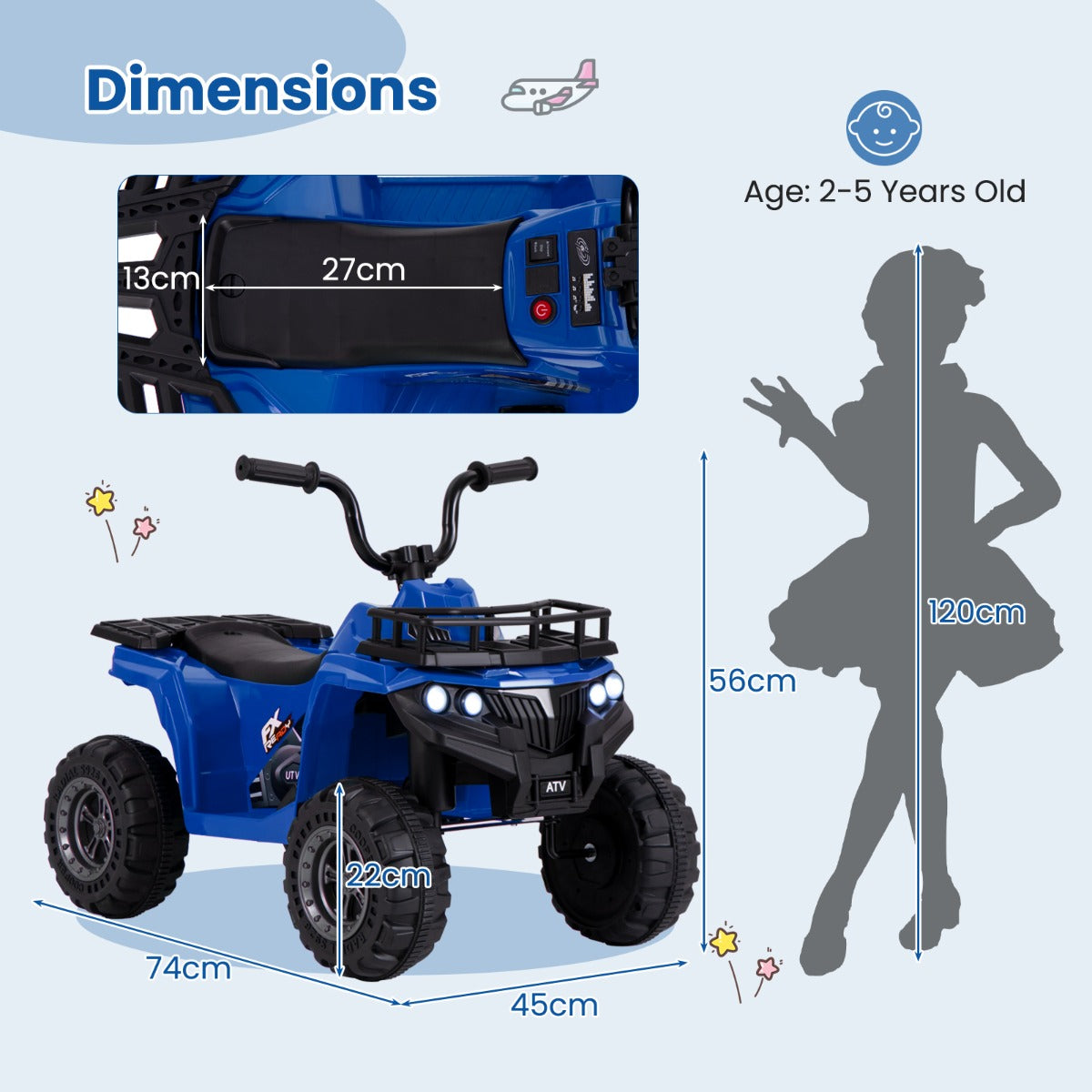 The navy kids electric quad shown with a diagram of its dimensions and a child silhouette