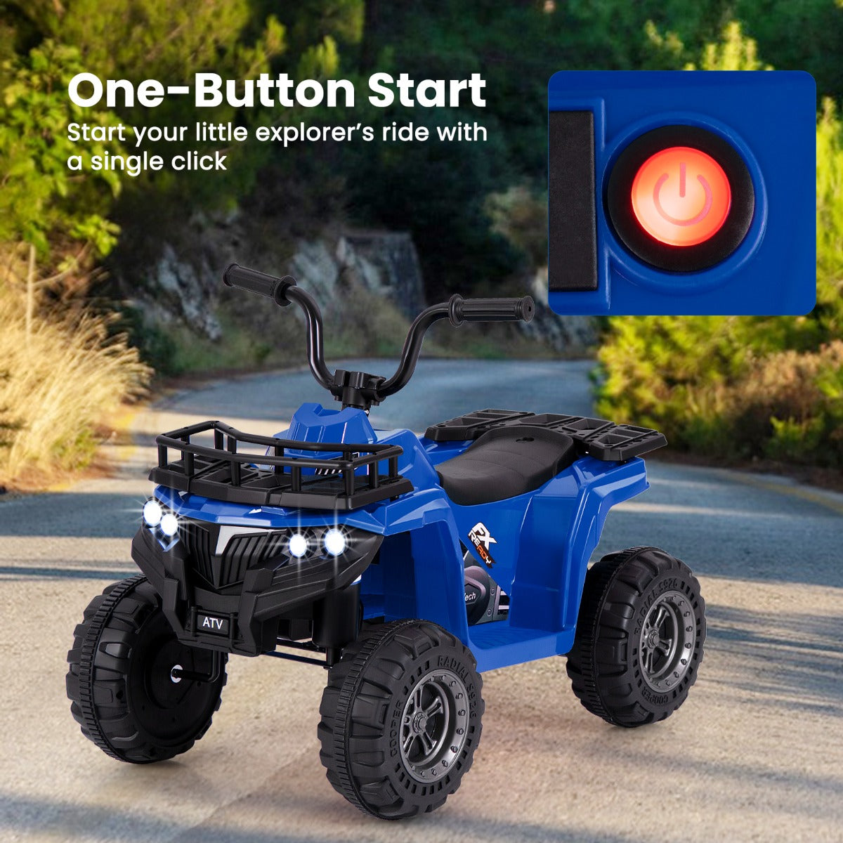 The kids electric car shown with an inset close-up of the red one-button start power switch