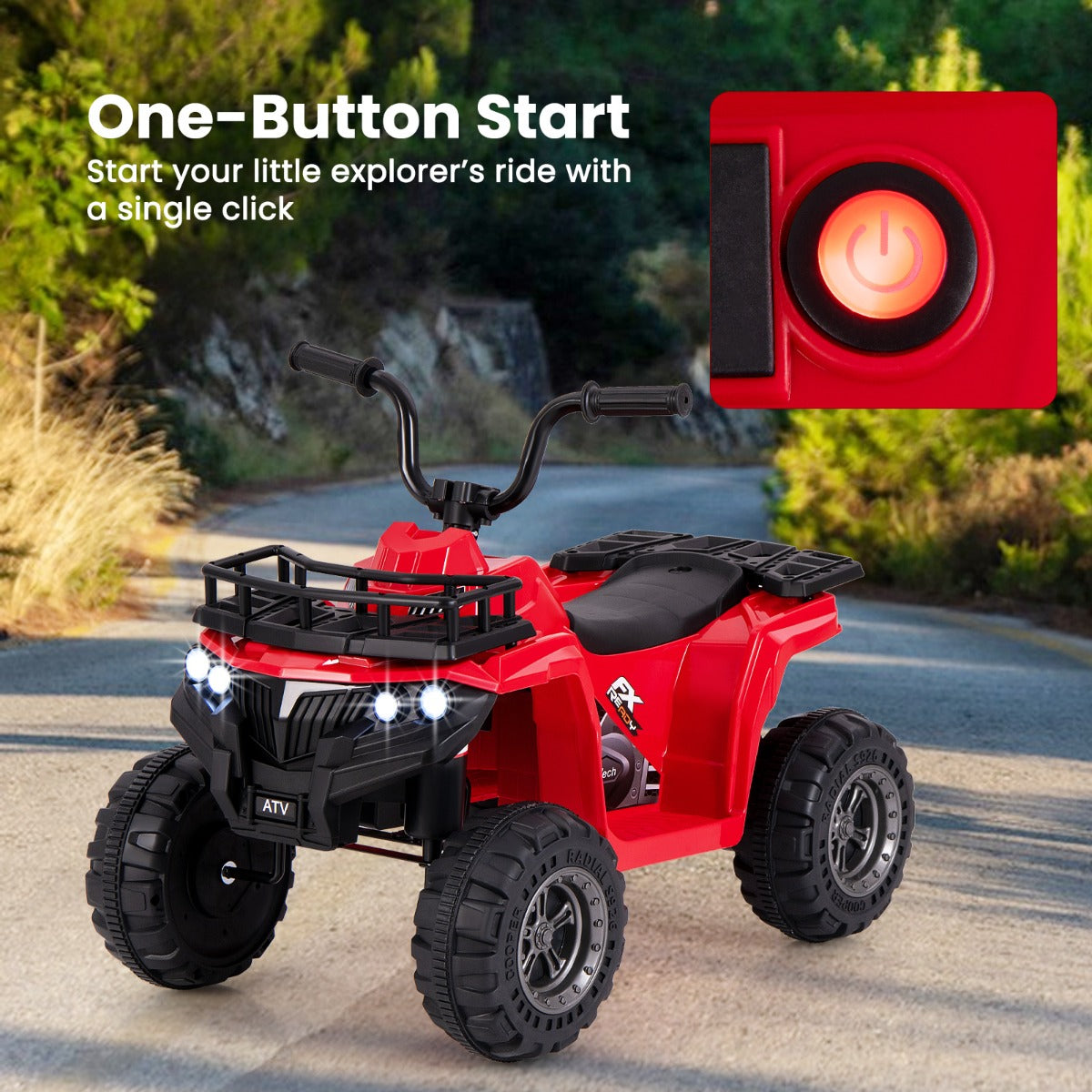 The kids electric car showing a close-up of the illuminated red power button