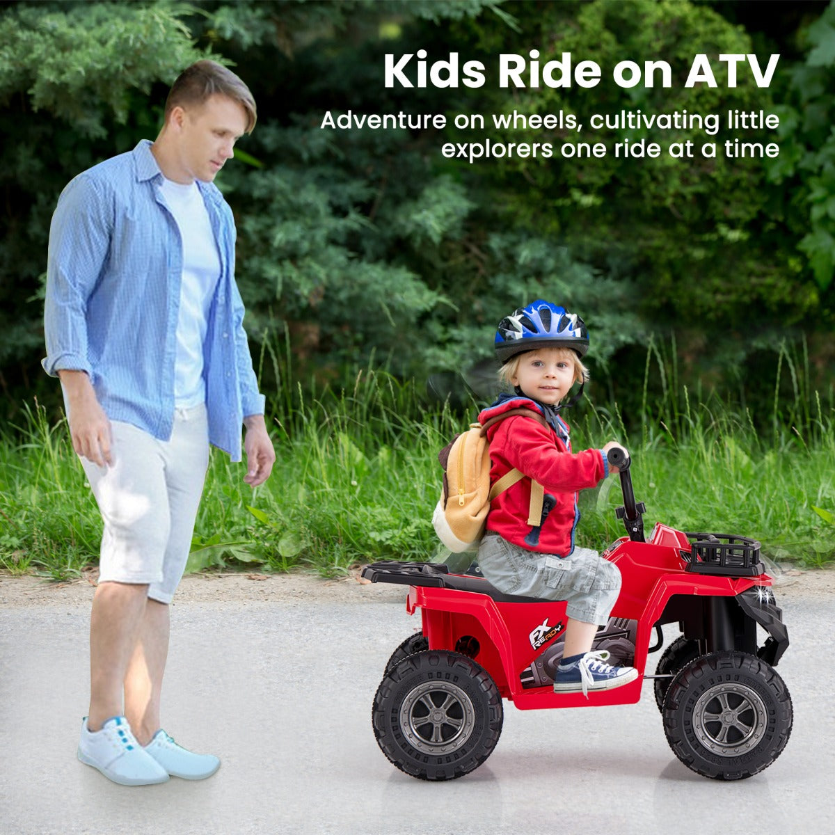 The red kids electric quad being ridden by a child on a paved path outdoors