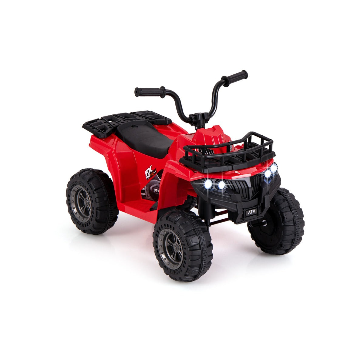 6V 4-Wheeler Quad Car in bright red with black handlebars and treaded wheels