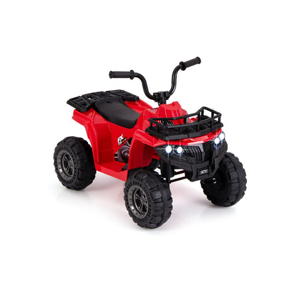 6V 4-Wheeler Quad Car in bright red with black handlebars and treaded wheels