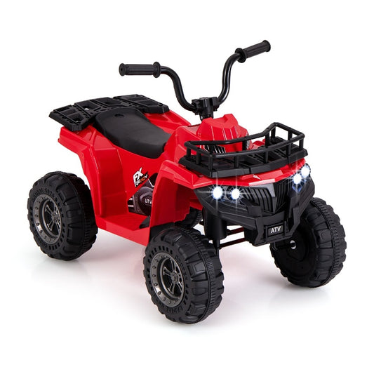 6V 4-Wheeler Quad Car in bright red with black handlebars and treaded wheels
