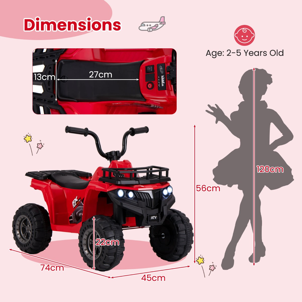 The red kids electric quad shown with annotated dimensions and a child silhouette